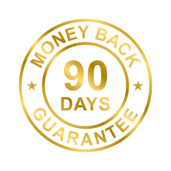 a gold badge displaying a 90-day money-back guarantee