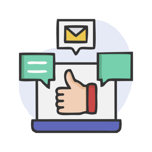 vector of a laptop featuring a thumbs-up and boxes around the laptop representing reviews, emails, testimonials.