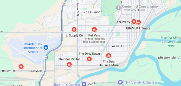 Google Maps view of pet stores in Thunder Bay, Ontario.