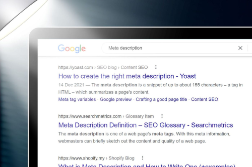 laptop showing google results for the keyword "meta description"