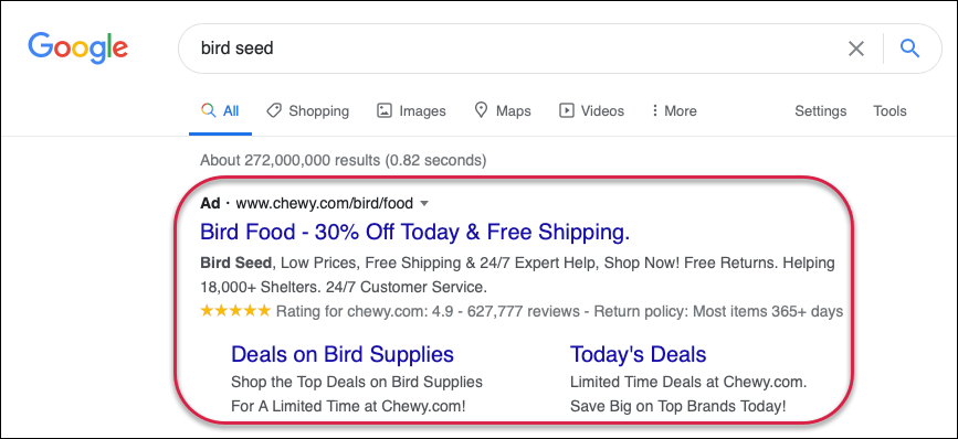 a google search ad for bird seed