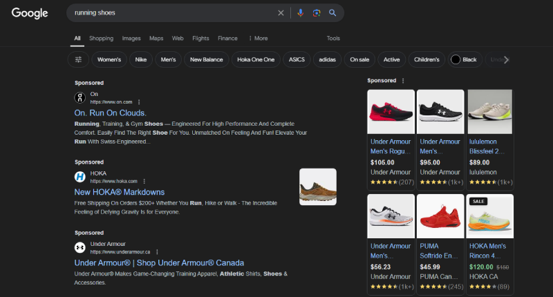 Google shopping ads results for "running shoes".