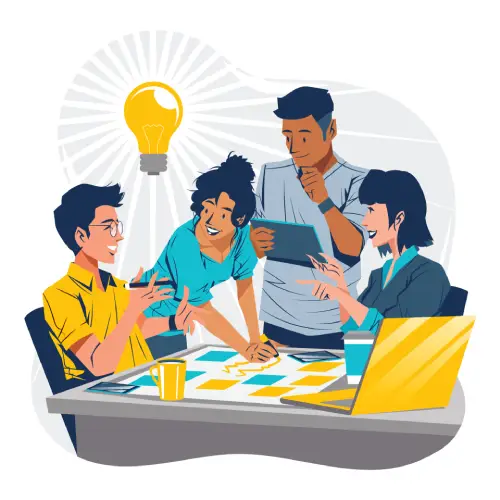 an illustration of 4 people huddled around a table brainstorming ideas.