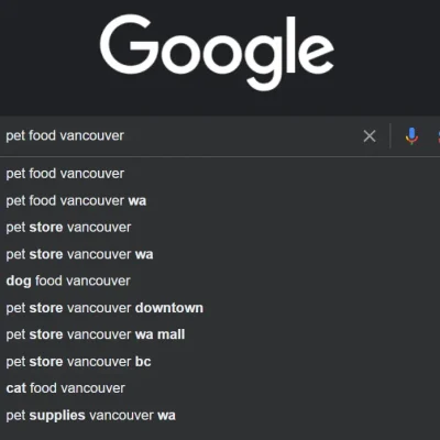 a list of Google's suggestions under the user input "pet food vancouver" in the search bar.